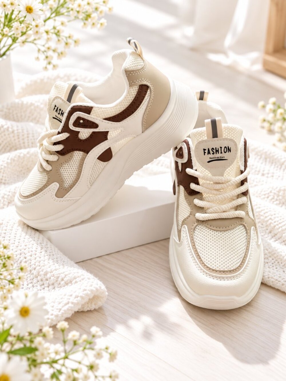 NEW Cream Beige Brown Chunky Mesh Sneakers EU 36 - Picture 2 of 8